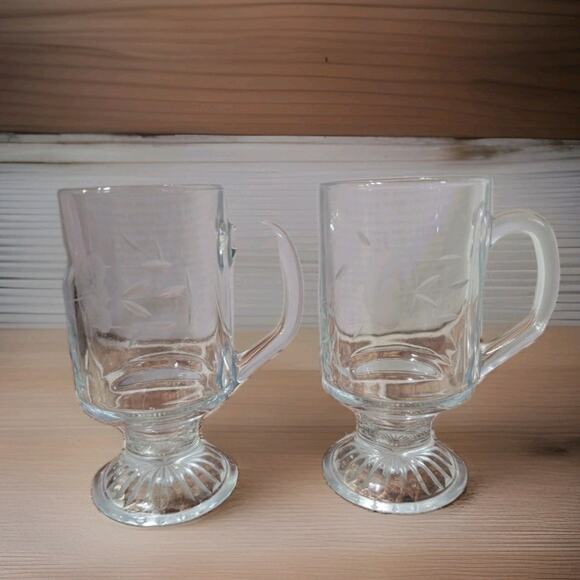 Vintage Princess House Heritage Irish Coffee Mugs Footed Etched Glass Set Of 2 - Picture 1 of 6